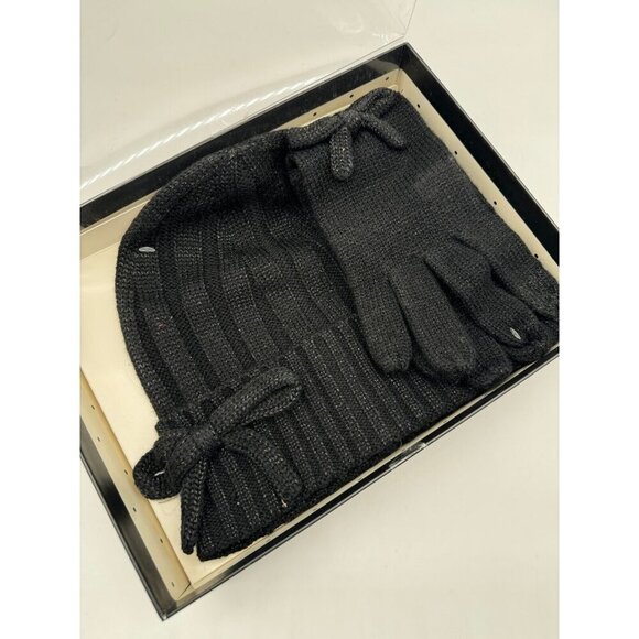 KATE SPADE metallic bow cuffed women's beanie winter hat + glove set -BLACK-2 PC - Picture 4 of 7
